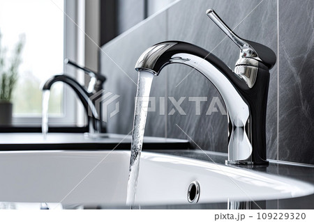 Interior of bathroom with sink basin faucet. Open chrome faucet washbasin. Interior of bathroom with sink basin faucet. Open chrome faucet washbasin. 109229320