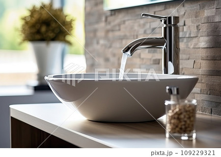 Interior of bathroom with sink basin faucet. Open chrome faucet washbasin. Interior of bathroom with sink basin faucet. Open chrome faucet washbasin. 109229321