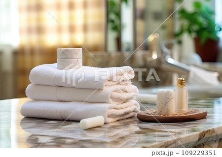 Towels and ceramics shampoo or soap on top marble table in bathroom background. Towels and ceramics shampoo or soap on top marble table in bathroom background. 109229351