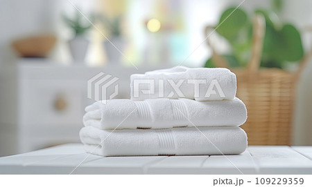 Towels on white wood top table with copy space on blurred bathroom background. 109229359