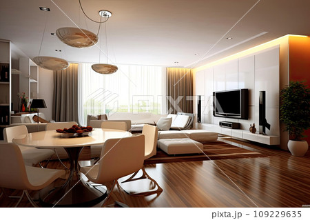 Modern apartment interior - dining table and living-room 109229635