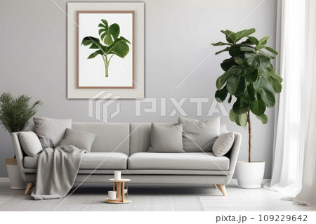 Poster above white cabinet with plant next to grey sofa in simple living room interior Poster above white cabinet with plant next to grey sofa in simple living room interior 109229642