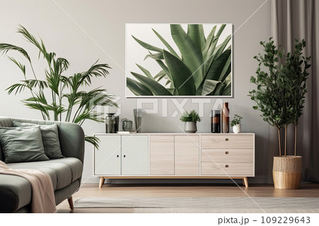 Poster above white cabinet with plant next to grey sofa in simple living room interior Poster above white cabinet with plant next to grey sofa in simple living room interior 109229643