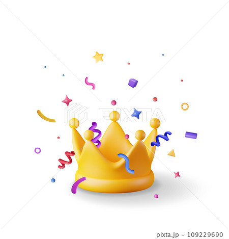 3D Gold Crown Icon and Confetti. 109229690