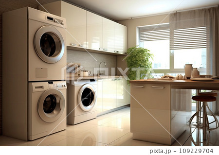 Interior of kitchen with modern washing machine 109229704