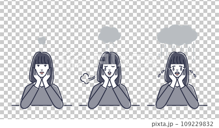 A young woman resting on her chin, a cloudy heart, a rain of tears 109229832