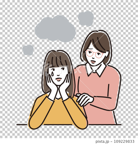 A woman wearing glasses worries about a woman who sheds tears A woman wearing glasses worries about a woman who sheds tears 109229833