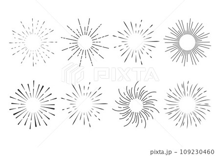 Set Fireworks, rays, sunburst frames circle border decoration, sparkle in doodle style, line sketch explosion isolated on white background. 109230460