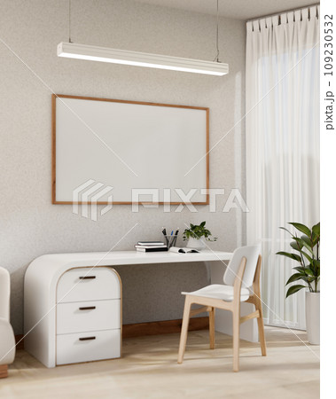 Interior design of a modern, minimalist white private office or home office with a modern white desk 109230532