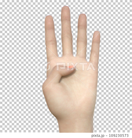 A woman's palm showing four fingers up A hand sign with only the hand parts 3D illustration of only the parts, front 109230573
