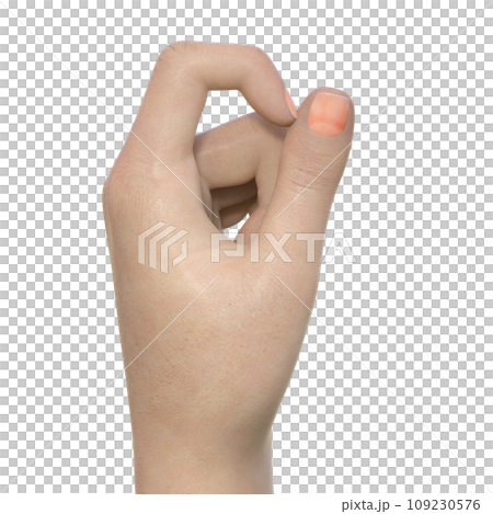 A woman's hand posing with her index finger bent as if making a key hook. 3D illustration of part only, viewed from the side 109230576