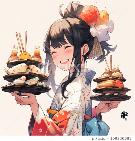 お菓子を食べながらお肉を食べる女の子 109230693