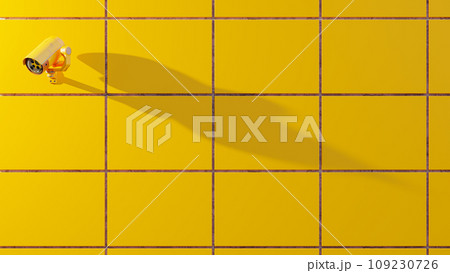 Yellow Security CCTV camera. Scan the area for surveillance purposes. Space on the side for text entry. Minimal idea concept. 109230726