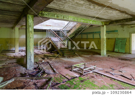 Hall of abandoned school in resettled village of Pogonnoye in Chernobyl Nuclear Power Plant exclusion zone, Belarus Hall of abandoned school in resettled village of Pogonnoye in Chernobyl Nuclear Power Plant exclusion zone, Belarus 109230864