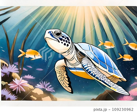 海で泳ぐウミガメと熱帯魚 海で泳ぐウミガメと熱帯魚 109230962