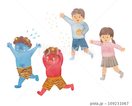 豆まきする子供と逃げる鬼 109231067