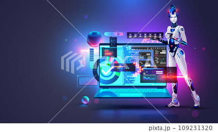 Software development with help AI. Coding or programming app artificial intelligence online chat bot. Automatization Create Software develop. Robot or cyborg woman with AI teaching coding on laptop. Software development with help AI. Coding or programming app artificial intelligence online chat bot. Automatization Create Software develop. Robot or cyborg woman with AI teaching coding on laptop. 109231320