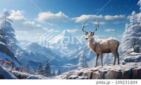 Reindeer in snowy landscape with pines forest and hills on background. Drawing art and paint style of snow-covered field. Horizontal nature scene. Reindeer in snowy landscape with pines forest and hills on background. Drawing art and paint style of snow-covered field. Horizontal nature scene. 109231804