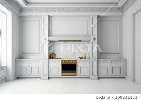 White empty classic kitchen in front view. Kitchen appliances. 109231833