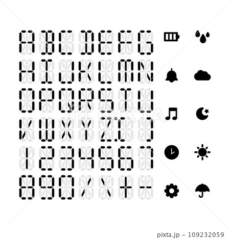 デジタル表示のアルファベット・数字・アイコンのセット（時間、温度、湿度） 109232059
