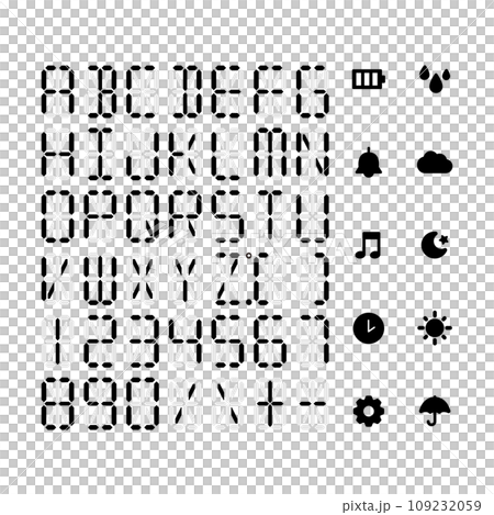 Set of digital display alphabets, numbers, and icons (time, temperature, humidity) Set of digital display alphabets, numbers, and icons (time, temperature, humidity) 109232059