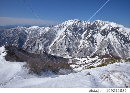 白毛門中腹から見た雪の谷川岳と東面岩壁 109232882
