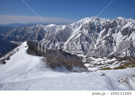 白毛門中腹から見た雪の谷川岳と東面岩壁 109232885