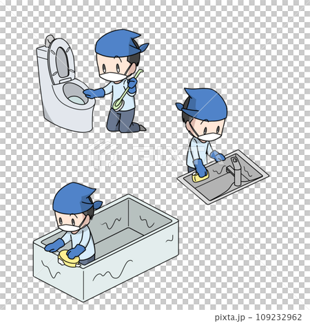 水回りの掃除をするマスクをした男性のイラスト3パターン 水回りの掃除をするマスクをした男性のイラスト3パターン 109232962
