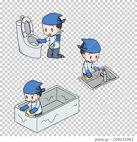 水回りの掃除をする男性のイラスト3パターン 水回りの掃除をする男性のイラスト3パターン 109232963