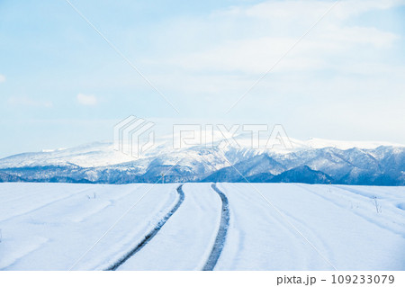 冬の北海道の道を走る車のタイヤ跡 109233079