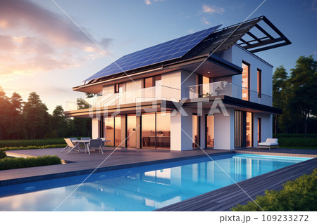 Modern Eco-Friendly House with Solar Panels, Sustainable Architecture 109233272