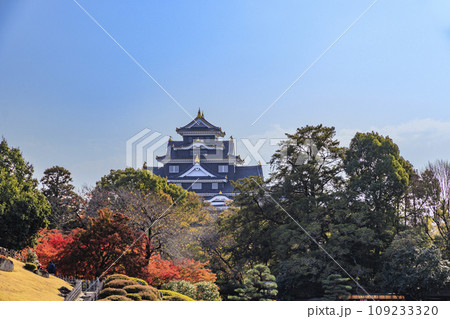 紅葉見頃な岡山後楽園と改修後の岡山城 紅葉見頃な岡山後楽園と改修後の岡山城 109233320