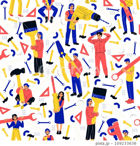 Seamless pattern with people and tools. Mechanics and contractors characters, hammer and saw. Decor textile, wrapping paper, wallpaper design. Cartoon flat isolated vector concept 109233636
