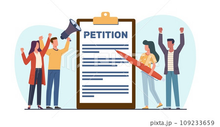 Petition, collective appeal. Online balloting, men and women with megaphone and pen. People signing and spreading electronic document for government cartoon flat isolated vector concept 109233659