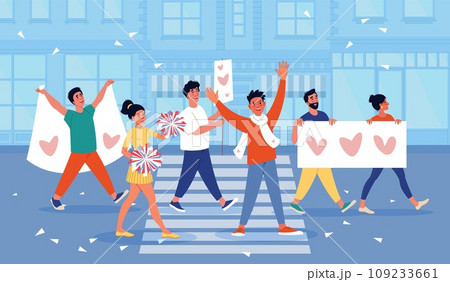 Peaceful parade on city street. Happy people carry banners and posters with images of hearts, funny festival activists, men and women crowd on demonstration cartoon flat vector concept Peaceful parade on city street. Happy people carry banners and posters with images of hearts, funny festival activists, men and women crowd on demonstration cartoon flat vector concept 109233661