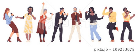 Karaoke singers. Happy senior people, talented men and women with microphone singing and dancing, musicians performing, vocalists in different poses, cartoon flat isolated tidy vector set 109233678