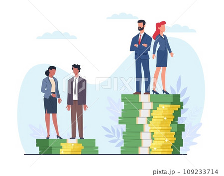Concept of racism and unequal pay for people of color. Salary and income discrimination. Men and woman on stack on money. Race prejudice. Social difference. Cartoon flat vector illustration 109233714