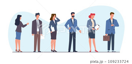 Business men and women standing in line. Employees and office workers in suits. Managers and entrepreneurs, company team. Male and female characters. Cartoon flat isolated vector concept 109233724