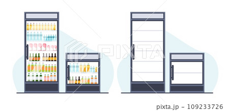 Beverage refrigerators with and without bottles. Supermarket merchandise equipment, transparent glass door. Empty and full store vertical fridge, cartoon flat isolated illustration vector concept Beverage refrigerators with and without bottles. Supermarket merchandise equipment, transparent glass door. Empty and full store vertical fridge, cartoon flat isolated illustration vector concept 109233726
