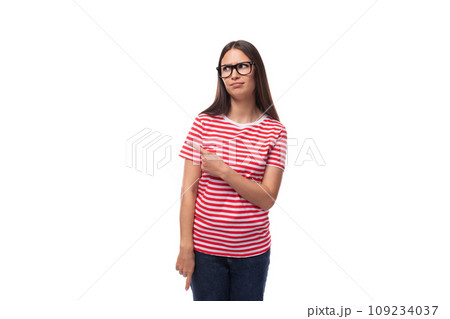 young well-groomed european promoter woman with straight black hair in glasses tells the news on a young well-groomed european promoter woman with straight black hair in glasses tells the news on a 109234037