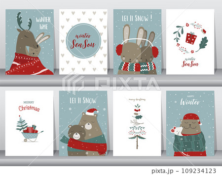 Set of cute Merry christmas background with cute animal and christmas Tree,Lovely cartoon background with holiday symbols,Vector illustrations Set of cute Merry christmas background with cute animal and christmas Tree,Lovely cartoon background with holiday symbols,Vector illustrations 109234123