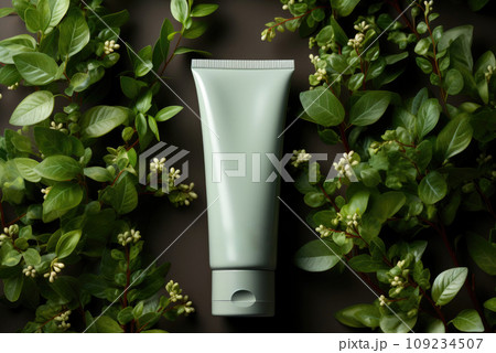 Green cosmetic tubes with green leaves on a wooden background. Label for branding layout. Product concept for natural beauty. Top view 109234507