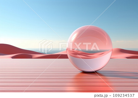Pink glass ball on a board surface against a blue sky background Pink glass ball on a board surface against a blue sky background 109234537