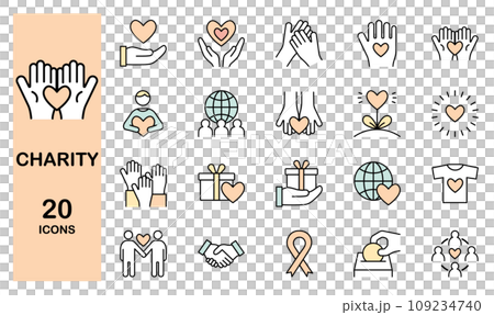 Set of line icons related to charity and volunteering, color 109234740