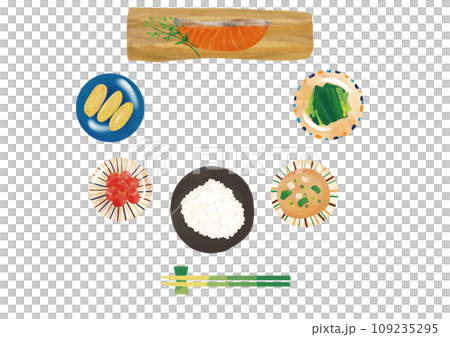 Watercolor style Japanese food (grilled salmon, white rice, miso soup, spinach, fried egg, pickled plums) set [background transparent] 109235295