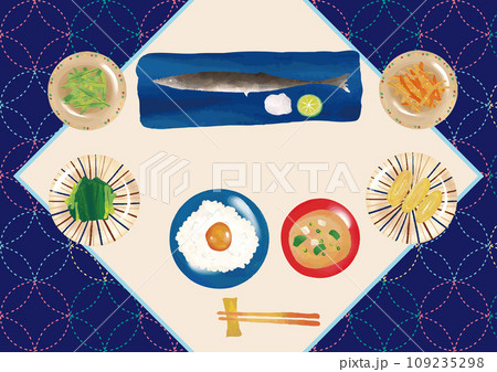 水彩風 和食(サンマ・卵かけご飯・味噌汁・ほうれん草・金平・卵焼き・そらまめ)セット 水彩風 和食(サンマ・卵かけご飯・味噌汁・ほうれん草・金平・卵焼き・そらまめ)セット 109235298