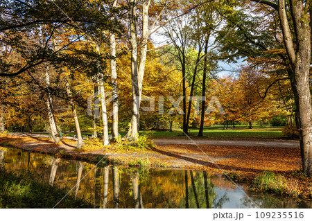Golden autumn view in famous Munich relax place - Englischer Garten. Munich, Bavaria, Germany 109235516