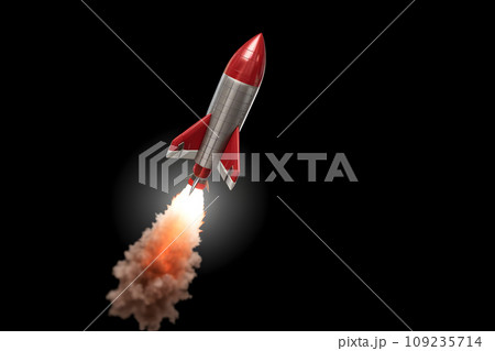 flying multi-stage space rocket with a fiery trail. Isolated on a black background flying multi-stage space rocket with a fiery trail. Isolated on a black background 109235714