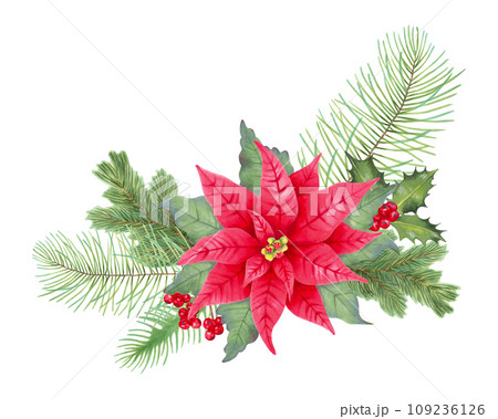Christmas bouquet with poinsettia flower, holly berries, pine, spruce.Floral clipart composition for greeting cards, New Year design.Marker in watercolor style illustration.Handmade isolated art. 109236126