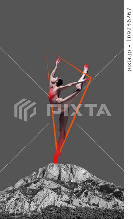 Graceful talented young woman, ballerina dancing over monochrome mountain background with abstract design element. Contemporary art collage. 109236267
